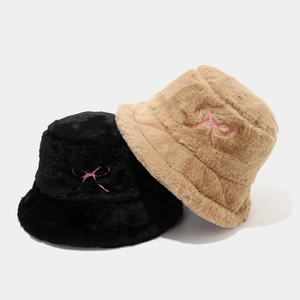 Bobs en peluche noirs et kaki avec broderie nœud rose pour la chaleur d'hiver