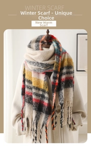 Detail of classic plaid winter scarf showing thick knit texture and long tassel fringe