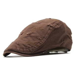 Retro dark brown cotton newsboy cap with distressed holes and fashion embroidery detail