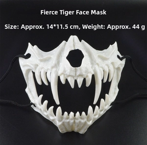 Macro view of white resin fierce tiger bone mask showing dimensions 14x11.5cm and texture