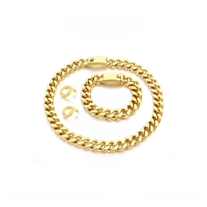Detailed parameter chart for 13mm gold-plated stainless steel Cuban link jewelry set
