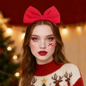 Close-up of a festive red bow headband worn by a model in a Christmas party setting