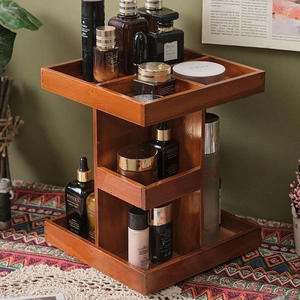 Brown wooden 360 rotating makeup organizer for cosmetics and skincare storage