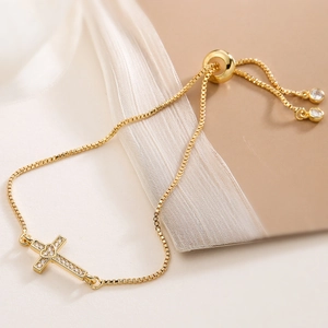 18K gold plated copper box chain bracelet with sparkling zircon cross and heart charm