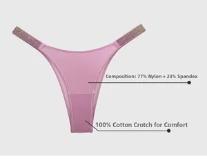 Close-up of pink thong with rhinestone belt and soft 100% cotton crotch lining