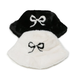 Faux fur winter bucket hats for women with stylish contrast bow tie patterns