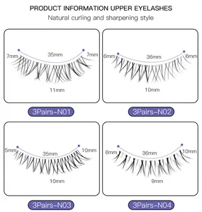 Detailed eyelash specifications chart for natural sharpening styles and length dimensions