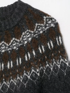 Close-up of jacquard knit sweater showing geometric patterns and soft fuzzy texture