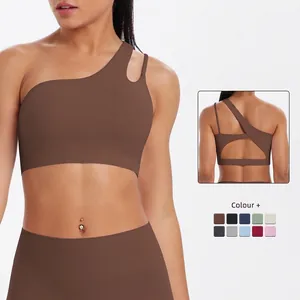 Women One-Shoulder Sports Bra Asymmetrical Hollow Back Brushed Nylon Yoga Vest Workout Top For Fitness Running Gym