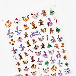 Detailed 5D embossed Christmas nail stickers featuring cute cartoon characters and trees