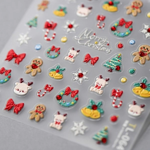 5D Christmas embossed nail stickers featuring gingerbread man, tree and reindeer designs