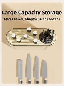 Close-up of multifunctional kitchen knife holder with slots for diverse cutlery sets