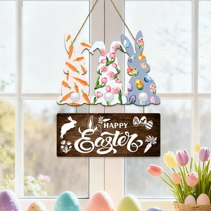 Rustic Easter wooden bunny hanging sign with Happy Easter text for wall decoration