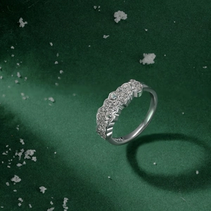 Macro shot of S925 sterling silver band with rows of sparkling pavé set diamonds