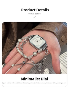 Detail of square dial women watch with pearl and pink bead mixed chain bracelet