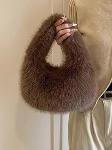 Brown fluffy faux fur handbag in crescent shape for women's autumn and winter fashion