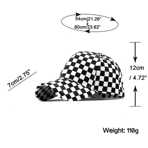 Checkerboard baseball cap showing size dimensions: 54-60cm circumference and 7cm brim