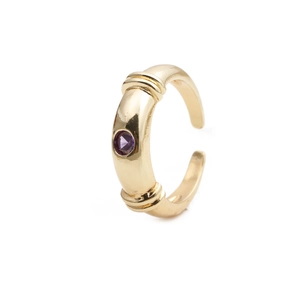 Gold geometric open ring with polished finish and a central round purple zircon stone