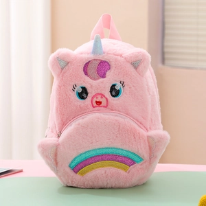 Plush unicorn backpack for girls featuring shiny sequins and soft pink faux fur texture
