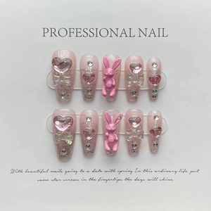 Handmade Press On Nails Pink Gradient Glitter With 3D Rabbit Heart Rhinestone Coffin Long Fake Nails
