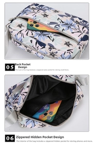 Detailed view of floral crossbody bag showing multiple zippered pockets and storage layers