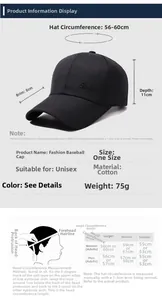 Size guide for cotton baseball cap showing brim depth and head circumference metrics