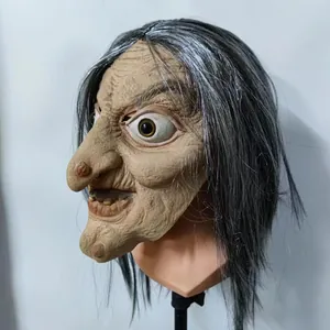 Detailed side view of realistic horror witch mask with grey hair and wrinkled skin texture