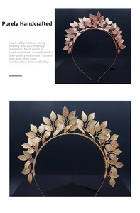 Detail of handmade gold leaf headband with intricate wire wrapping and metal texture