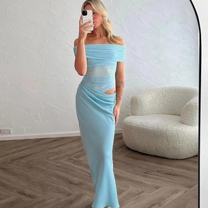 Elegant light blue off-shoulder mesh dress with waist cut-out and draped details