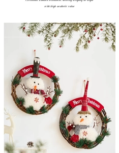Close-up of rustic snowman rattan wreath with Merry Christmas sign and plush details