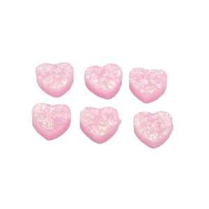 Set of six heart-shaped pink resin opal stones with sparkling glitter and stone texture