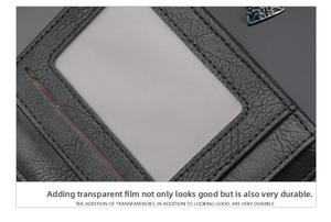 Close-up of slim leather wallet showing transparent ID window and neat stitching details