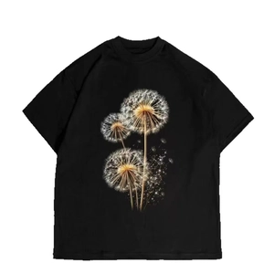 Detailed view of dandelion art print on a premium black cotton short sleeve T-shirt