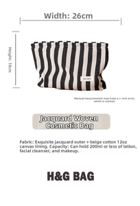 Detailed view of black and white striped canvas pouch with H&R BAG logo and dimensions
