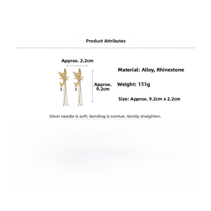 Detailed size and material specs for golden butterfly tassel earrings with rhinestones
