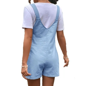 Detailed back view of light blue cotton maternity overalls with adjustable shoulder straps