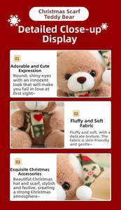 Gros plan sur la fourrure du doudou ours avec écharpe de Noël rouge et verte