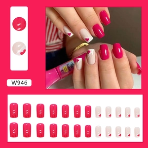 Pink French heart press-on nails set in medium-long square shape with 24 pieces