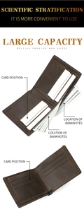Detail of men's brown bifold wallet showing scientific stratification and card slots