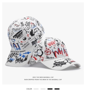 Detail view of white graffiti baseball cap featuring stylish black and blue street art print