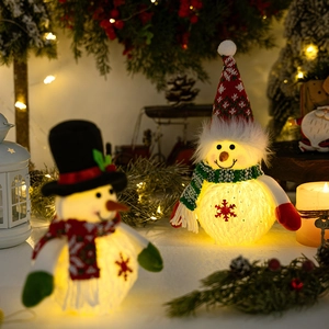 Close-up of plush snowman dolls with LED glowing feature and red snowflake embroidery