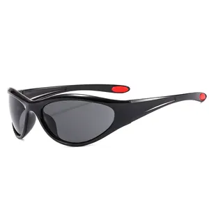 Y2K sporty futuristic wrap-around sunglasses in sleek black with red temple details