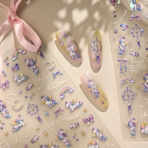 Holographic unicorn and rainbow nail stickers with laser aurora effect and dreamlike stars