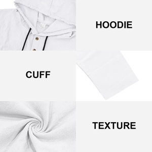 Detail view of white linen hooded shirt showing hood, cuff and 95% linen fabric texture