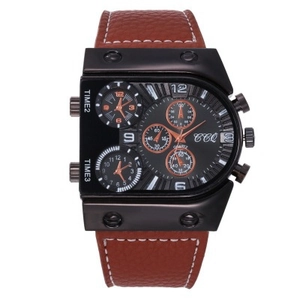 Montre homme à grand cadran multi-fuseaux horaires avec bracelet en cuir marron et quartz