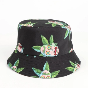Detail showing the heavy cotton canvas texture and cartoon Rick print on bucket hat