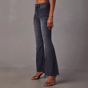 Women's high waist flared jeans in washed black denim with side pockets side view