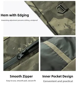 Detail van camouflagejack met verstelbaar trekkoord, metalen rits en praktische binnenzak