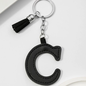 Black PU leather letter C keychain with matching fringe tassel and silver metal ring