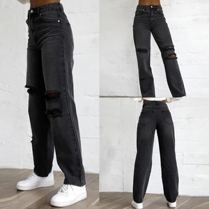 Women Ripped Jeans Black Cotton Denim High Waist Wide Leg Straight Distressed Chic Streetwear